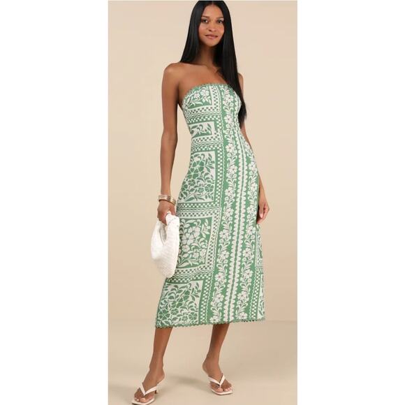 Lulus Dresses & Skirts - NWT Lulus Brigita Green Floral Strapless Column Midi Dress Size Large